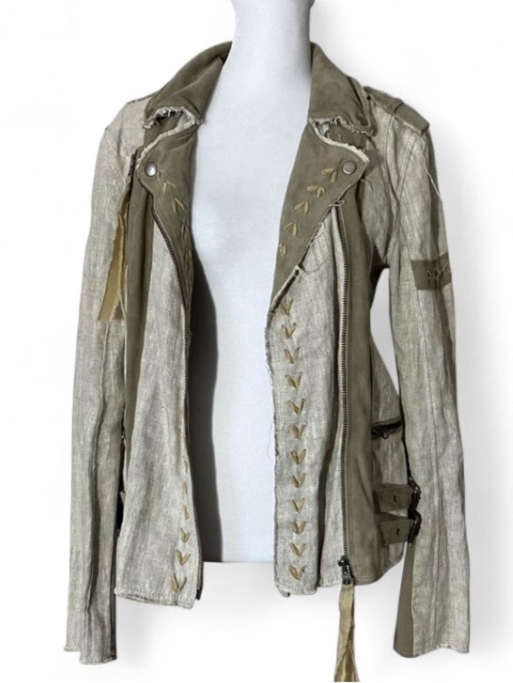 Jakett New York Linen & Leather Beige Bohemian Jacket size XS - Picture 4 of 12